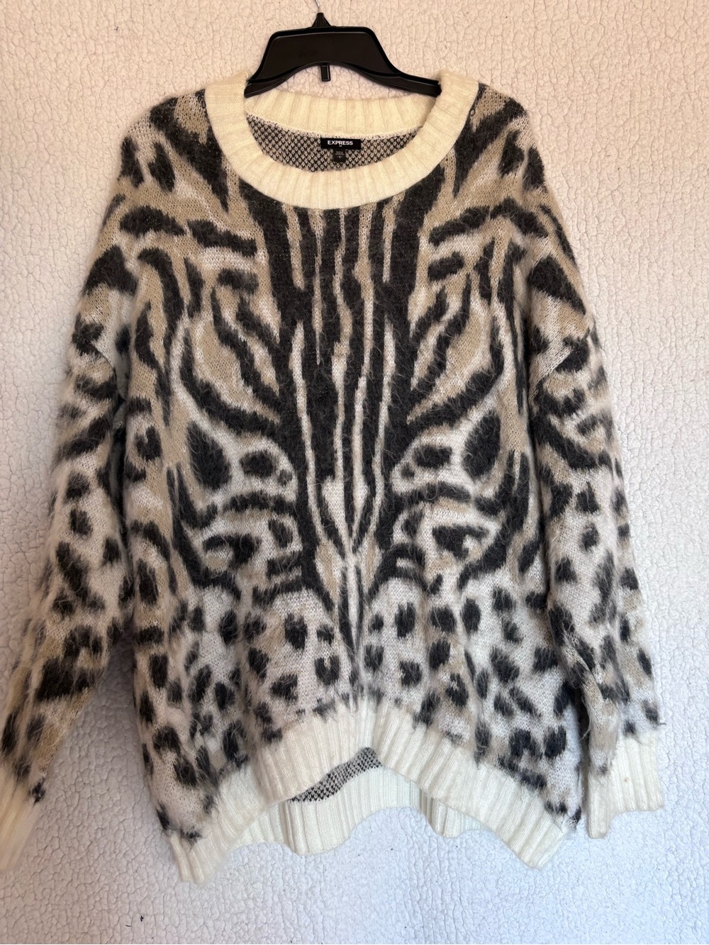 Express Cream and Black Fuzzy Animal-Print Crewneck Sweater